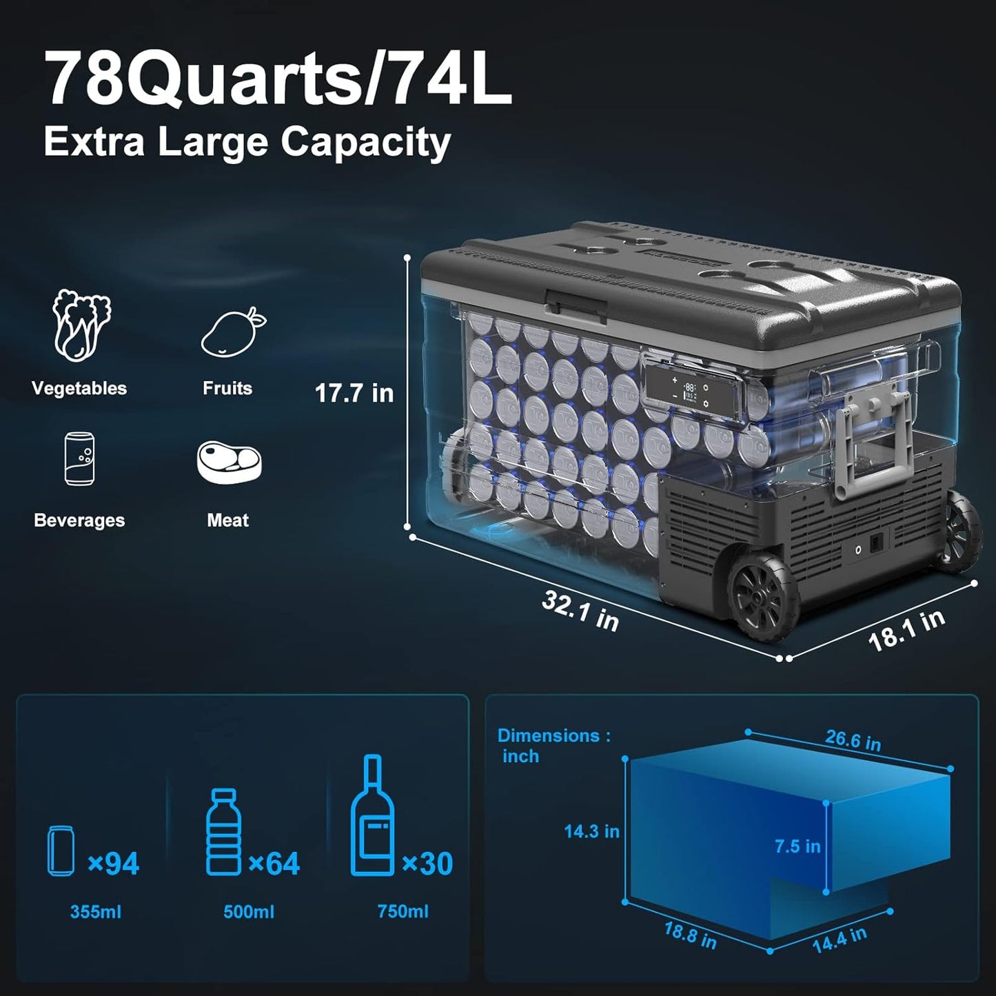 COOLER 12 Volt Car Refrigerator,80 Quarts Portable Fridge,75L RV Freezer Single Zone,Wifi APP Control,-4℉-68℉ Car Cooler,12/24V DC & 100-240V AC for Travel, Camping,Outdoor,Truck,Suv TRUCK DRIVER