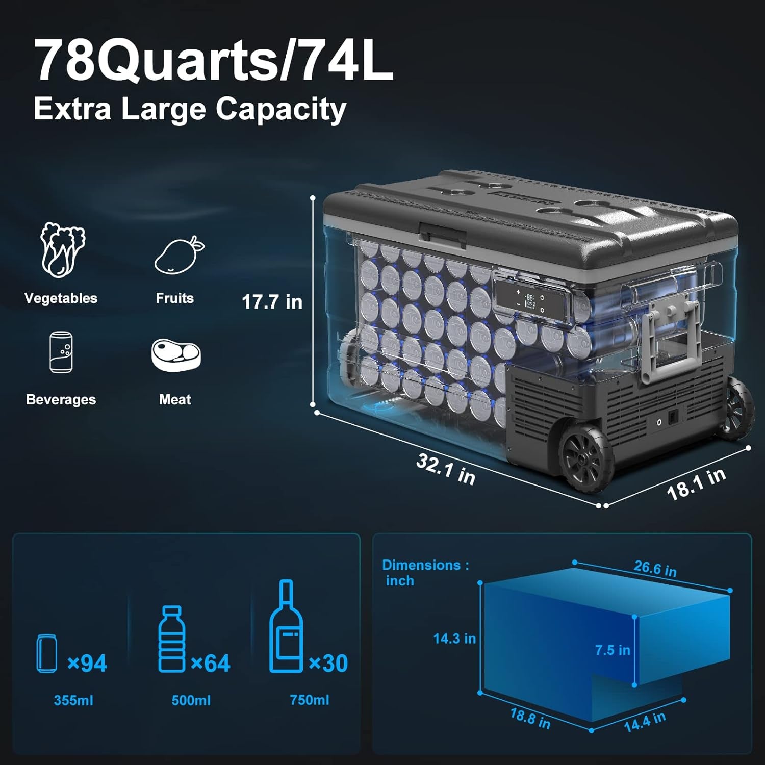 COOLER 12 Volt Car Refrigerator,80 Quarts Portable Fridge,75L RV Freezer Single Zone,Wifi APP Control,-4℉-68℉ Car Cooler,12/24V DC & 100-240V AC for Travel, Camping,Outdoor,Truck,Suv TRUCK DRIVER