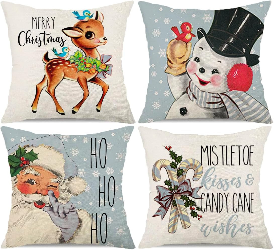Christmas Decorations Pillow Covers 18×18 Set of 4 Snowflake Santa Snowman Merry Christmas Deer Bird Candy Cane Xmas Winter Holiday Throw Pillows Christmas Decor Cushion Cases Blue-18