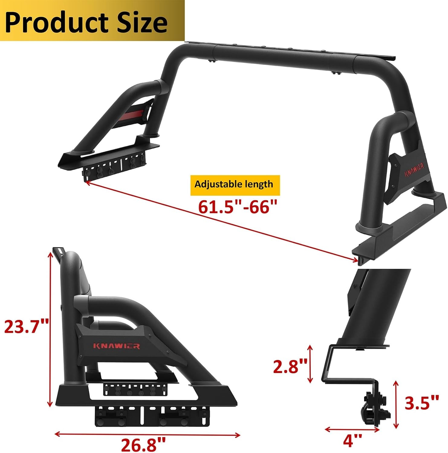 Roll Bar for Full Size Pickup Truck, Adjustable Sport Chase Rack Compatible with Tundra,Ford F-Series,Ram 1500/2500/3500,Silverado,Sierra,Titan&Titan Xd,Cargo Rack,Textured Black Powder