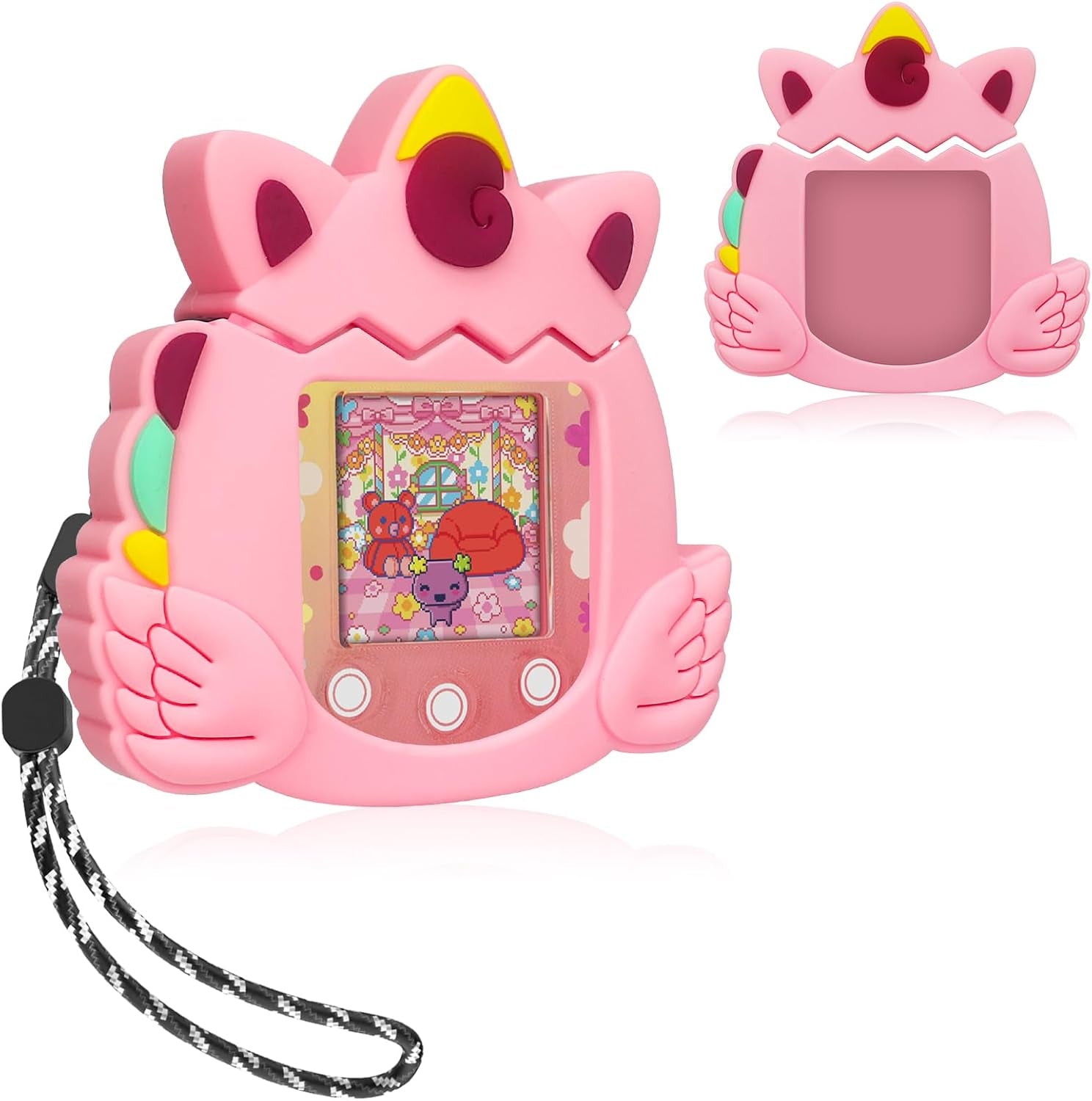 Silicone Case Compatible with Tamagotchi Pix Virtual Pet Game Machine Case, Silicone Interactive Virtual Pet Game Machine Cute Cartoon Cow Protectoive Cover with Lanyard Accessories (White) ZOUSA