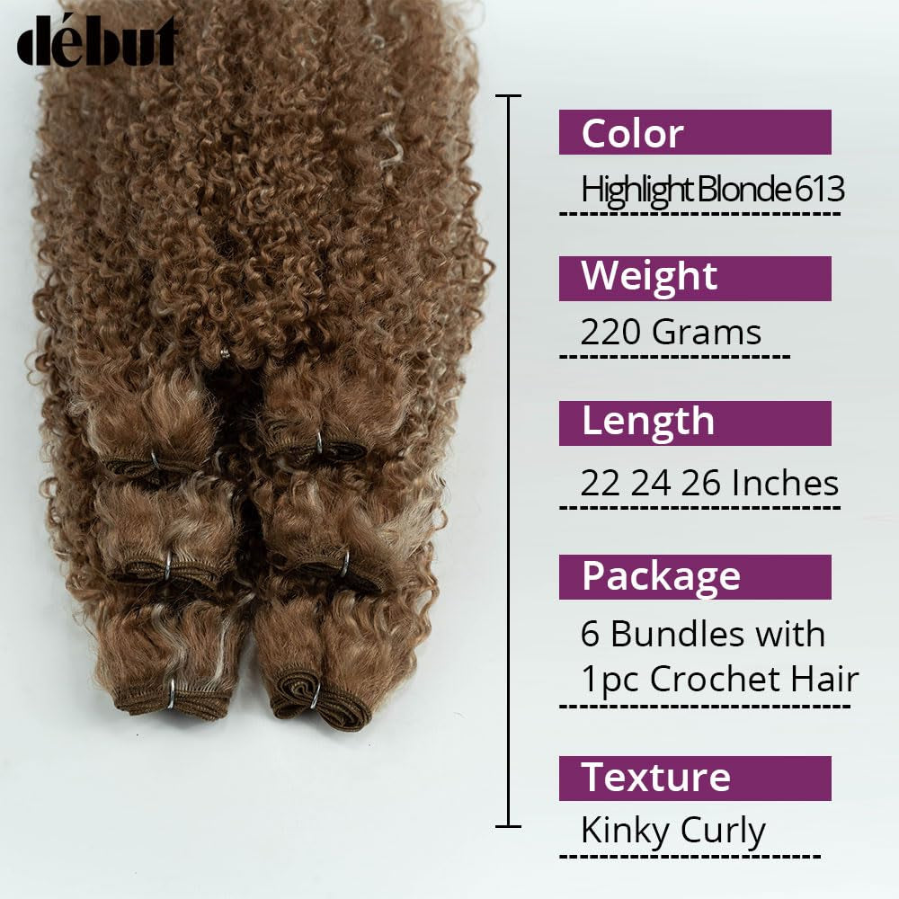 Synthetic Hair 7Pcs Kinky Curly 22 24 26 Inches 6 Bundles Tight Curly Hair with 1Pc Crochet Hair for Black Women Highlight Blonde Color