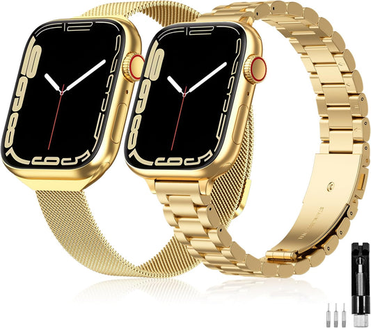 2 Pack Slim Stainless Steel Band & Milanese Mesh Strap Compatible with Apple Watch Band 38Mm 40Mm 41Mm 42Mm(S10), Thin Metal Replacement Bands for Iwatch Series SE 10 9 8 7 6 5 4 3 2 1