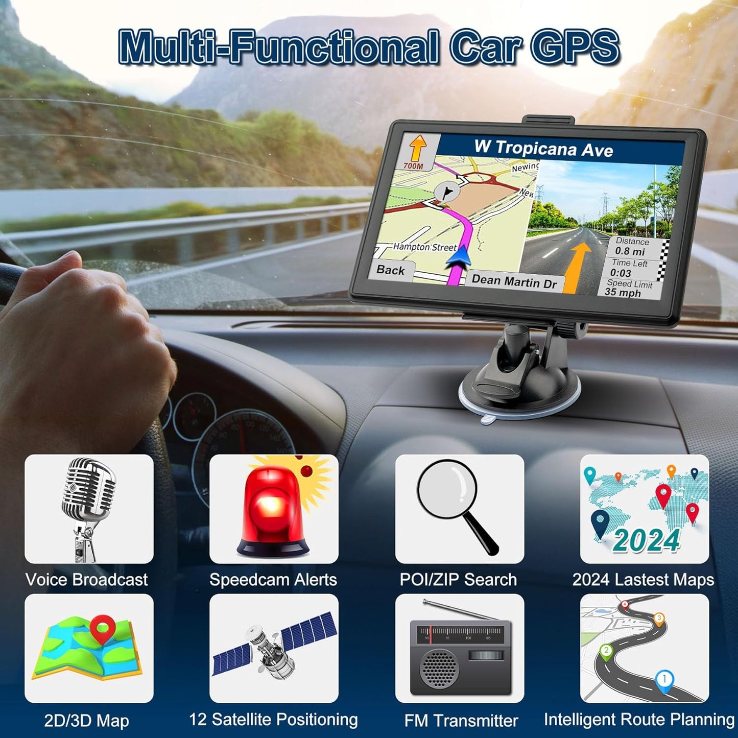GPS Navigator for Car with Lastest 2024 Map, Free Lifetime Update, Car GPS Navigation System for Truck Commercial Drivers, Support Postcode POI Search, Voice Guidance, Speedcam Speedlimit Alerts, FM TRUCK DRIVER