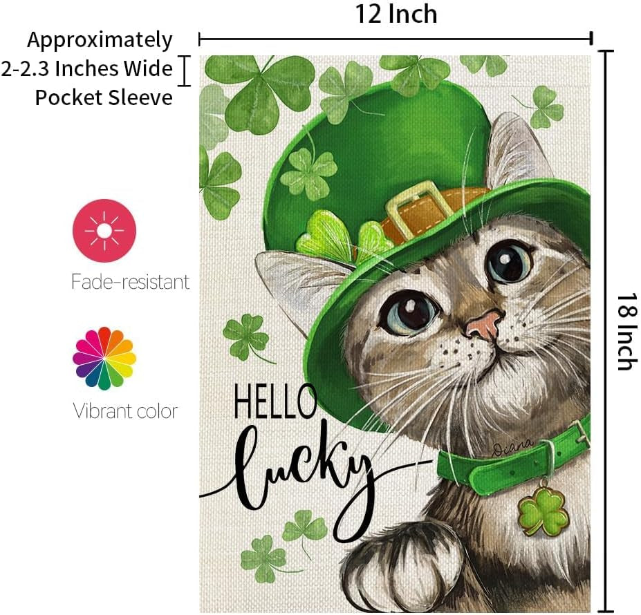 St Patricks Day Cat Garden Flag Hello Lucky 12X18 Inch Double Sided for outside Small Burlap Shamrock Clovers Holiday Yard Decoration