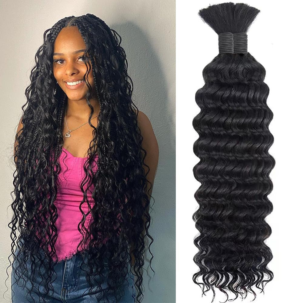 Human Braiding Hair Deep Wave Bundles 18 Inch Human Braiding Hair for Boho Braids Bulk Human Hair for Braiding Curly Bundles Human Hair Boho Hair for Braiding Human Hair for Boho Knotless Braids