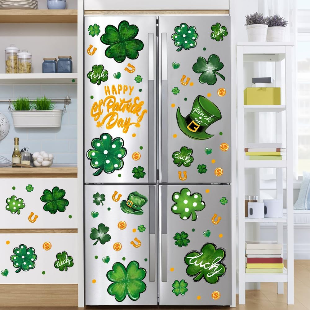 6 Sheets St. Patrick'S Day Window Clings, Extra Large Good Luck Shamrock Window Decals Stickers for St. Patrick'S Day Glass Home Decor and Spring Window Decoration