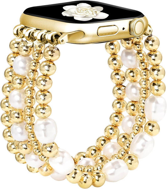 Beaded Bracelet Women Compatible with Apple Watch Bands 40Mm 45Mm 44Mm 41Mm 38Mm 42Mm Dressy Fancy Fashion Cute Stretchy Elastic Jewelry Strap Replacement for Iwatch Series 9/8/SE/7/6/5/4/3/2/1