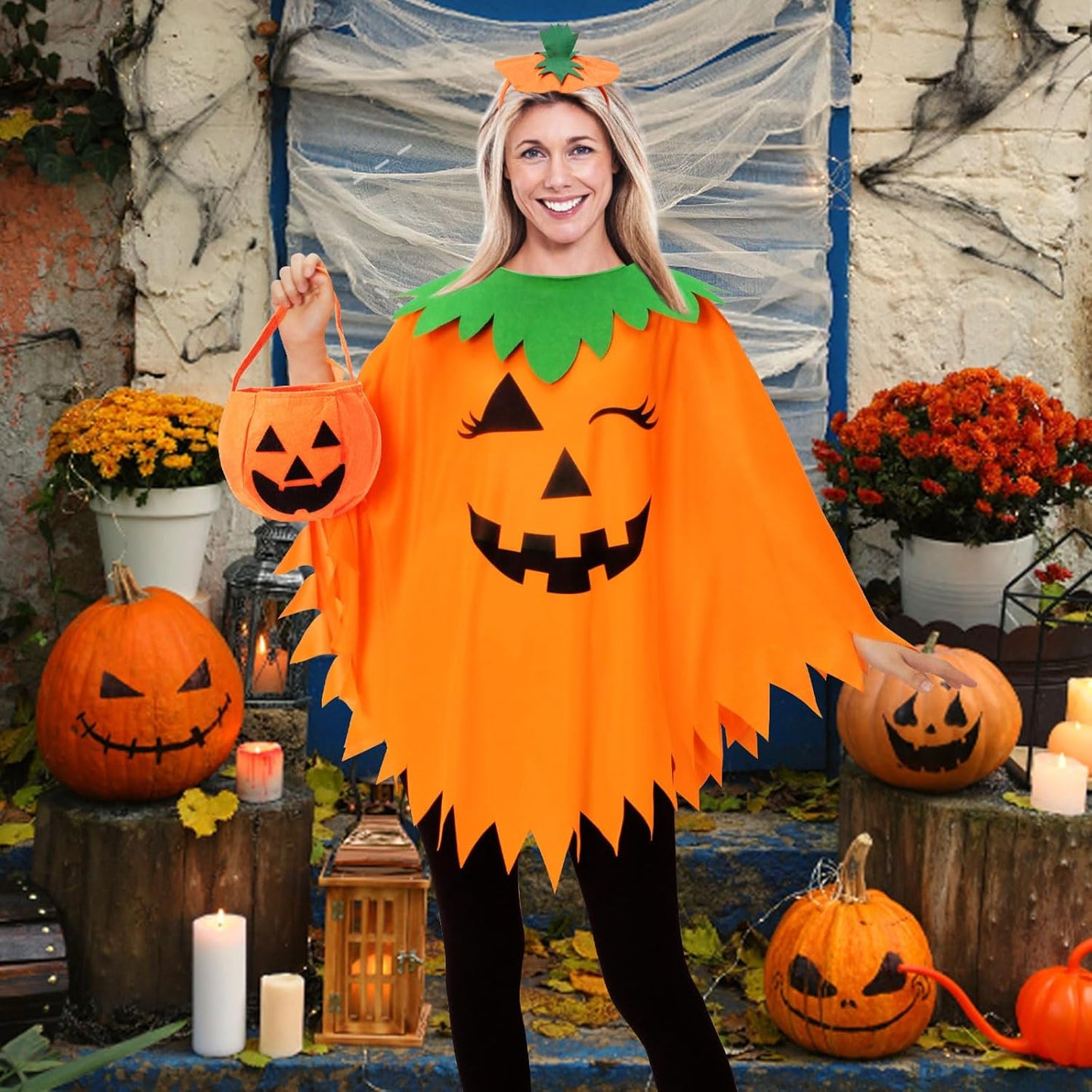 3PCS Halloween Pumpkin Costume for Women,Pumpkin Poncho for Adults with Headband & Bag,Halloween Costume for Women