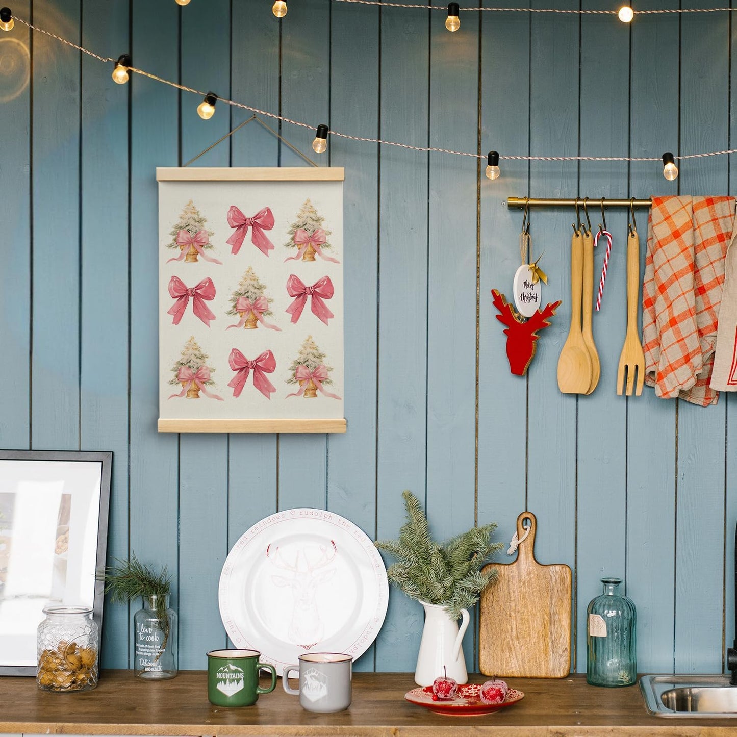 Pink Christmas Wooden Poster Hanger Frame 12.5X17 Inch,Pink Coquette Christmas Poster Hanger Frame,Pink Christmas Decorations,Coquette Pink Bow Christmas Decor