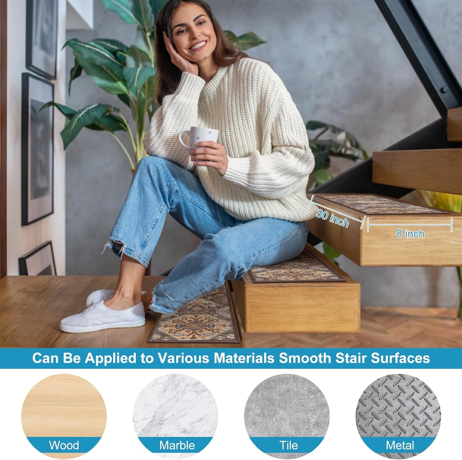 Non-Slip Carpet Stair Treads for Wooden Steps Indoor Set of 15 Pack 8" X 30" Peel and Stick Reusable Staircase Stair Runners Rugs, Soft Safety for Dogs, Kids & Elders, Stairway Grip, Brown