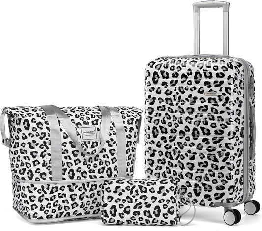 Luggage Sets 3 Piece, Hardside 20 in Carry on Luggage Airline Approved PC+ABS Suitcase Set with Spinner Wheels TSA Lock, Lightweight Rolling Suitcase for Men and Women, Leopard
