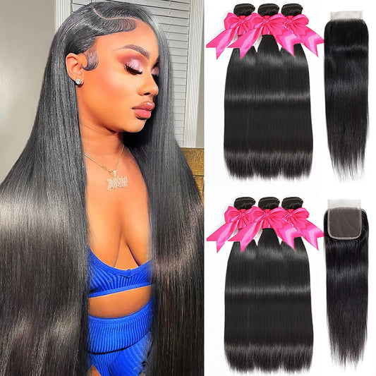 Straight Bundles with Closure Human Hair 14 16 18+12 Brazilian Human Hair Bundles with Closure 100% Unprocessed Virgin Weave Hair Bundles with Closure 10A Bundles Human Hair with Lace Closure