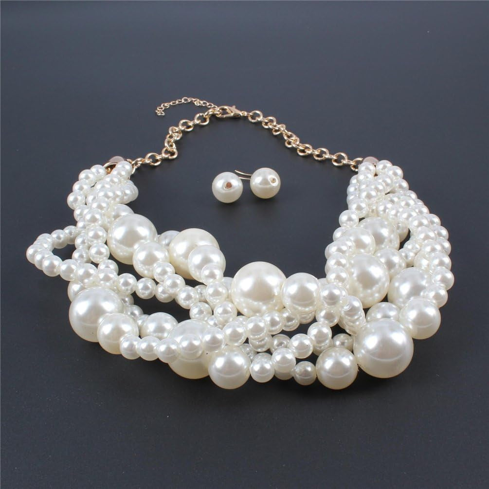 Fashion Faux Pearl Statement Chunky Bib Choker Necklace and Earring Set for Women Gift