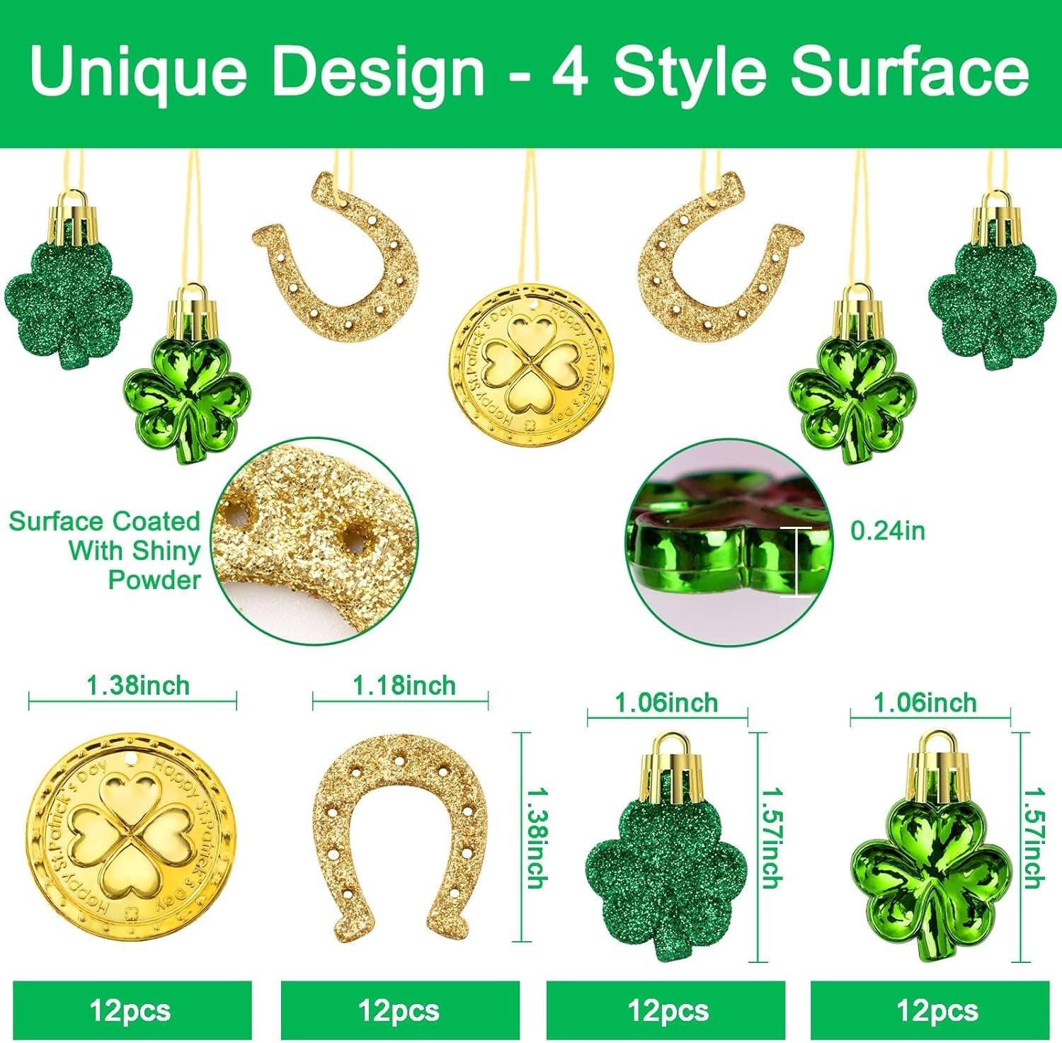 St. Patricks Day Decorations Shamrock Ornaments - 48Pcs Shamrock Clover Gold Coins Horseshoe Tree Ornaments for Spring Lucky Irish Day St Patrick'S Day Home Table Tree Party Hanging Decorations