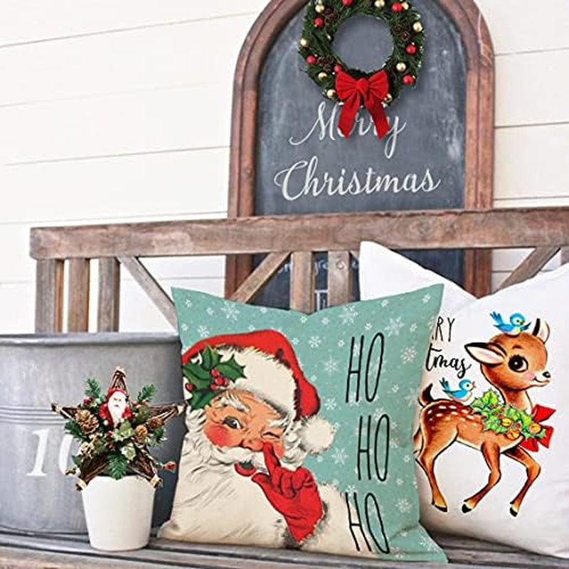 Christmas Decorations Pillow Covers 16×16 Set of 4 Snowflake Santa Snowman Deer Bird Candy Cane Xmas Rustic Winter Throw Pillows Farmhouse Christmas Decor Cushion Cases (16"X16")