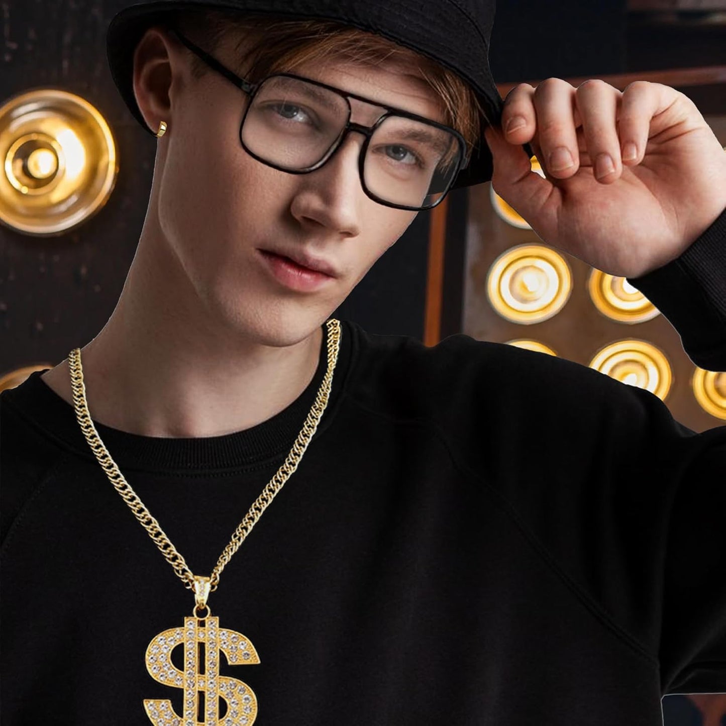 80S 90S Hip Hop Costume Accessories Kit Old School Rapper Outfit Gold Rope Chain Bracelet Necklace Dollar Sign Kanji Rings Gold Hoops Jewelry Set
