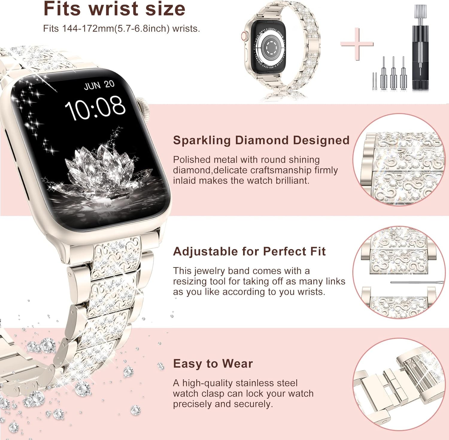 Compatible with Apple Watch Band 38Mm 40Mm 41Mm Series 9 Series 8 7 6 5 4 3 2 1 SE Ultra, Bling Replacement Bracelet Iwatch Band, Diamond Rhinestone Stainless Steel Metal Wristband Strap