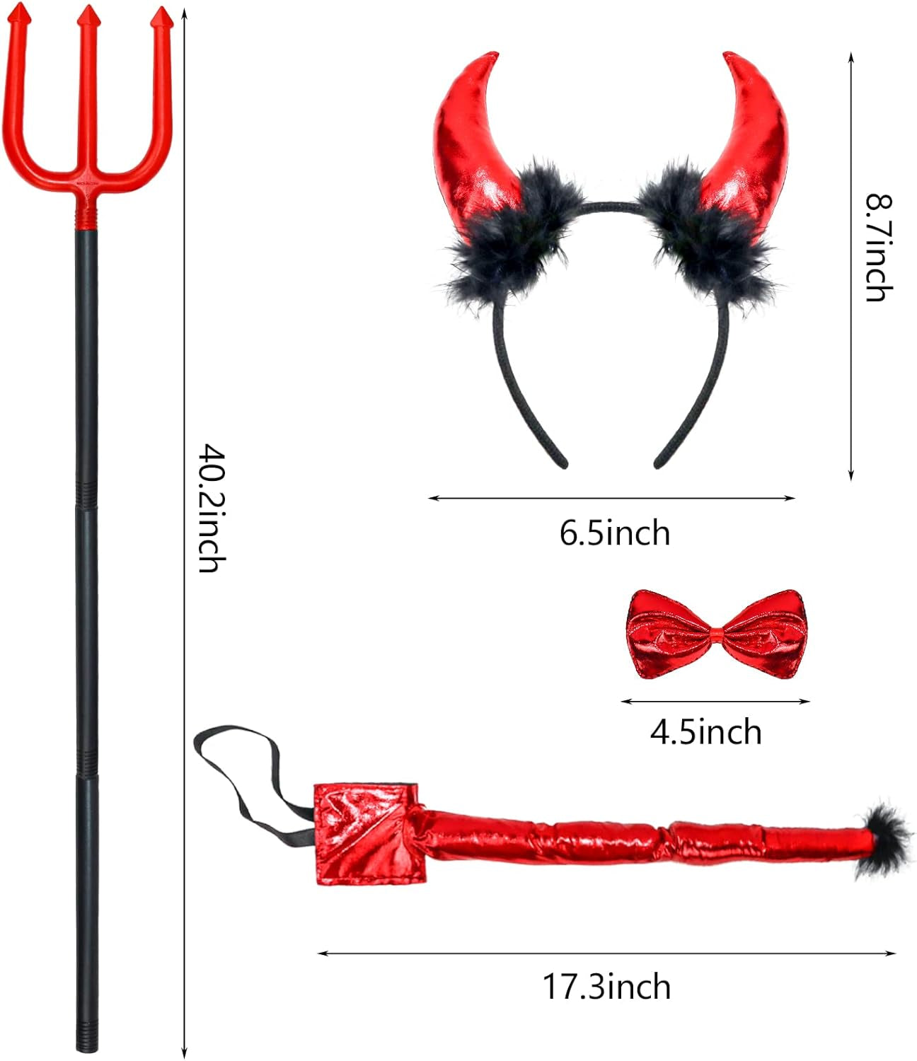 4 Pack Devil Costume Set Halloween Red Devil Pitchfork Horn Headband Tail Bowtie Demon Cosplay Accessories for Party Prop Costume