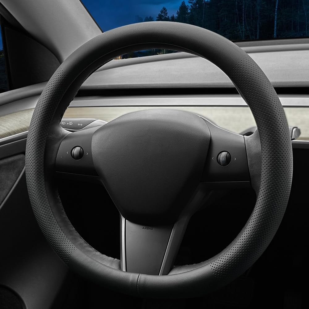 Nappa Leather Ultra-Thin Steering Wheel Cover, for Tesla Model 3/Y Steering Wheel Cover, Non-Slip Design and Interior Modification of Car Accessories (Black)