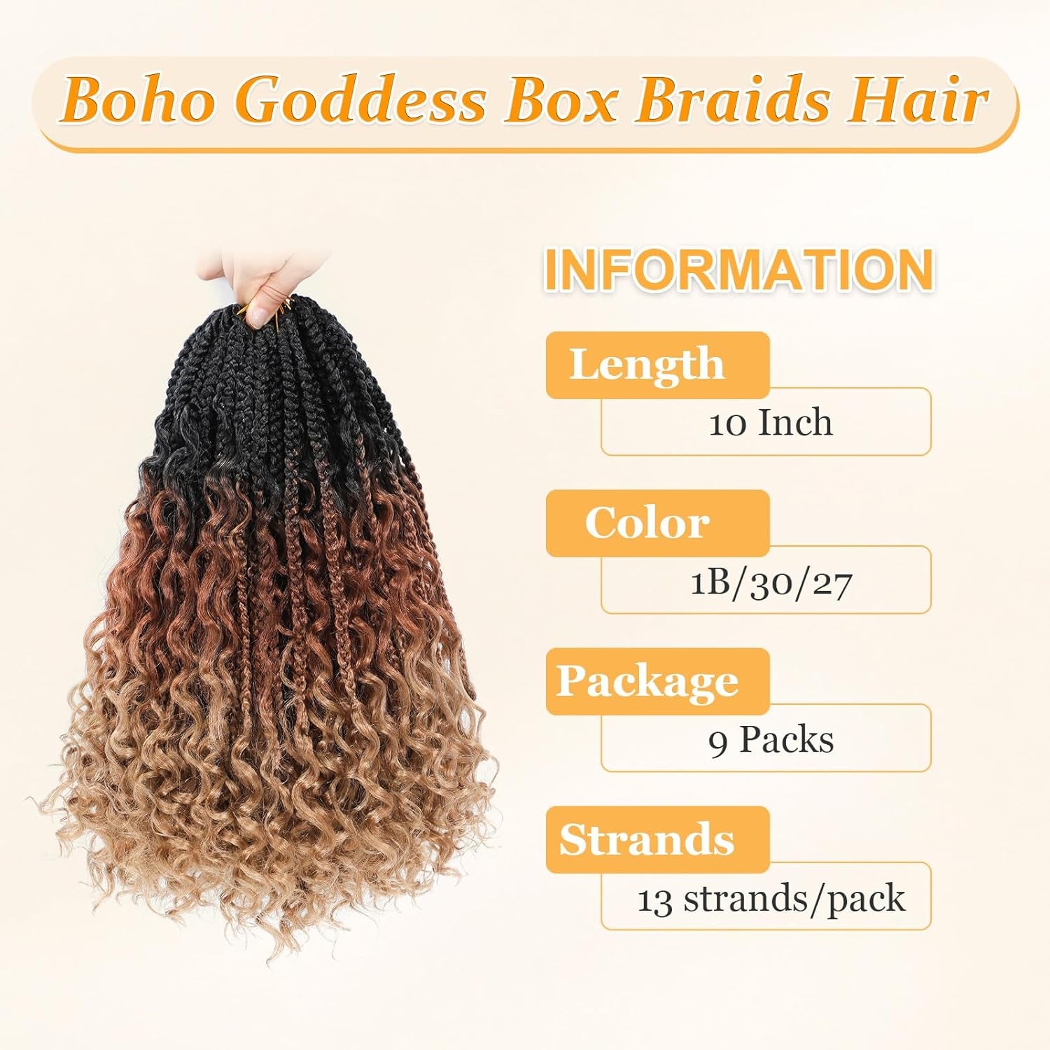 Goddess Box Braids Crochet Hair 10 Inch Boho Crochet Box Braids with Curly Ends,9 Packs Bohomian Box Braids Crochet Hair for Black Women Pre Looped Box Braids Crochet Hair (10Inch,1B/30/27)