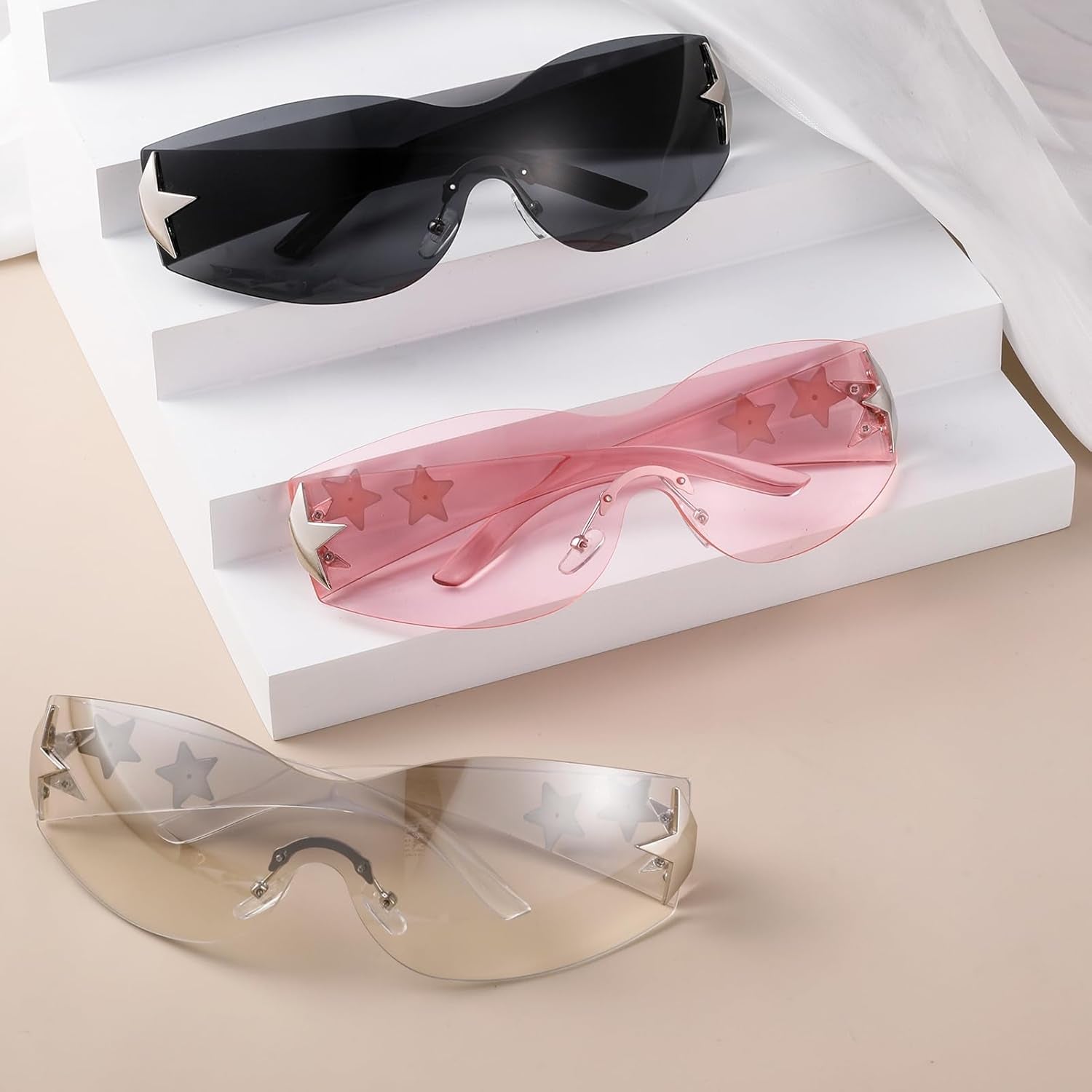 3 Pairs Y2K Sunglasses for Women Men, Trendy Shield Wrap around Sun Glasses, Rimless Star Sunglasses, Oversized Fashion Frameless Sun Glasses Cycling Driving Shopping Outdoor