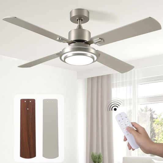 52'' Ceiling Fan with Lights Remote Control, Indoor Ceiling Fan Light Fixtures Modern Reversible Brushed Nickel 6 Speeds,Memory 3 Color Temperatures,Quiet Motor for Bedroom Living Room (4-Blade)