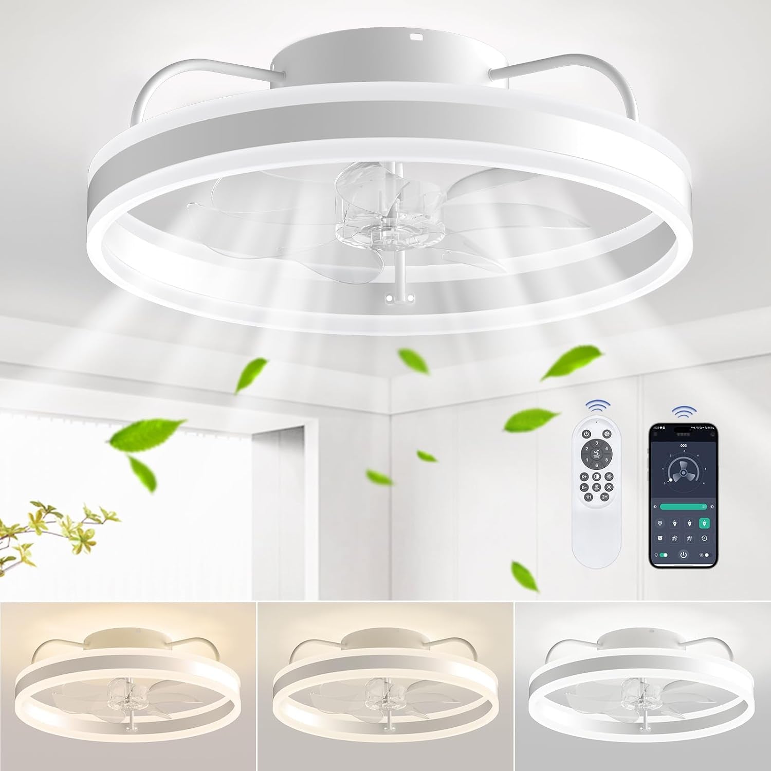 Ceiling Fans with Lights and Remote 20", Ceiling Fan APP Control Dimmable Low Profile Flush Mount Bladeless Ceiling Fan Indoor Modern Smart with Light for Living Room, Bedroom, Kitchen
