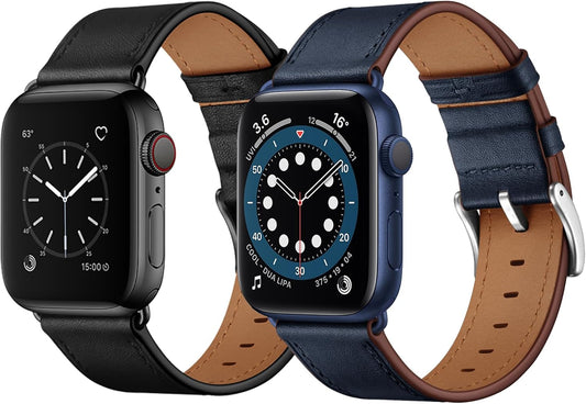 Compatible with Apple Watch Band 42Mm(Series 10) 41Mm 40Mm 38Mm, Genuine Leather Band Replacement Strap Compatible with Apple Watch (Black/Black+Dark Blue/Blue)