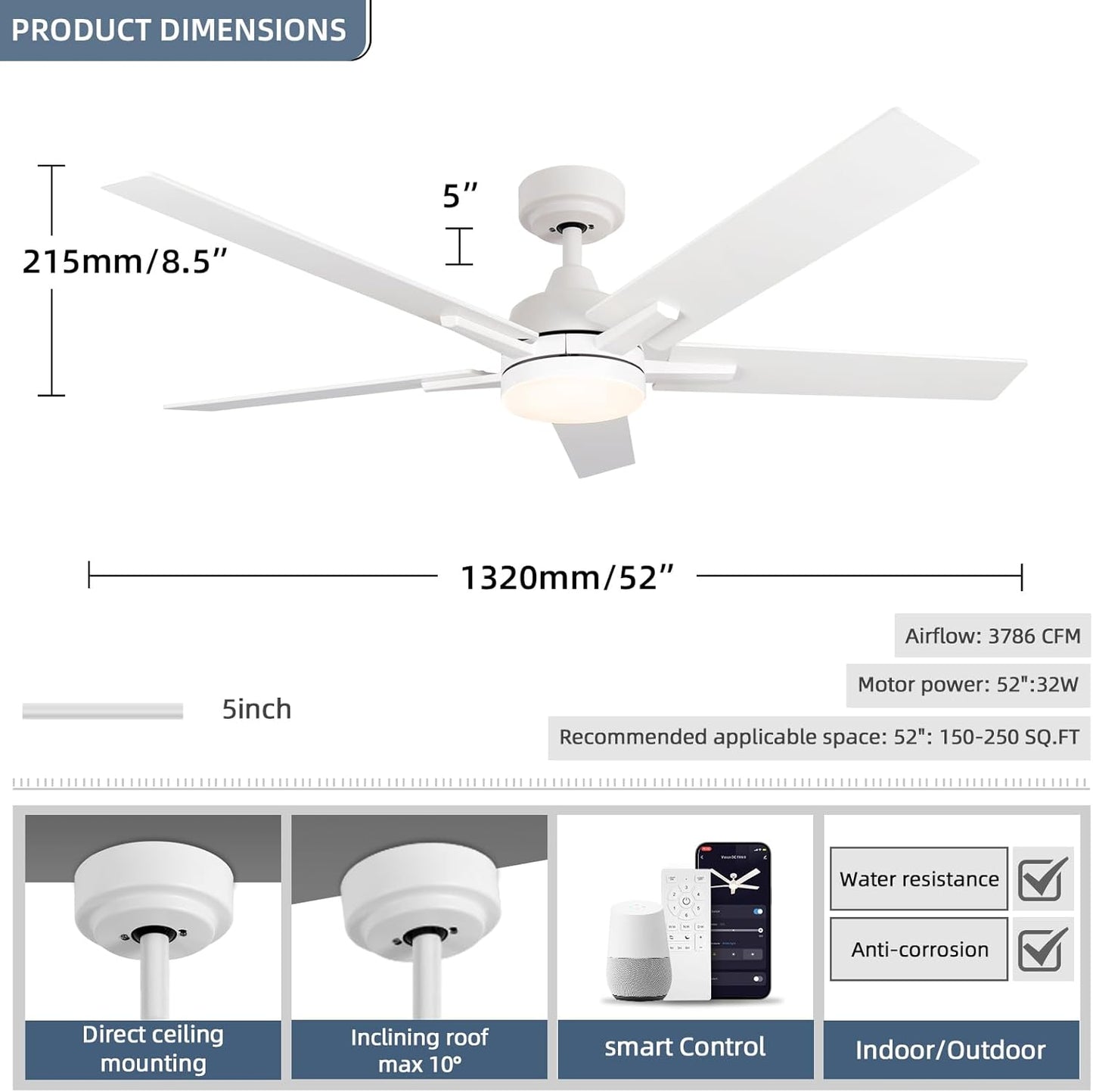 52 Inch Ceiling Fan, Smart Ceiling Fan with Remote/App, White Ceiling Fan with 6-Speeds Reversible Motor, Alexa Ceiling Fan with 5 Two-Sided Blades Dimmable Noiseless for Indoor Bedroom/Outdoor