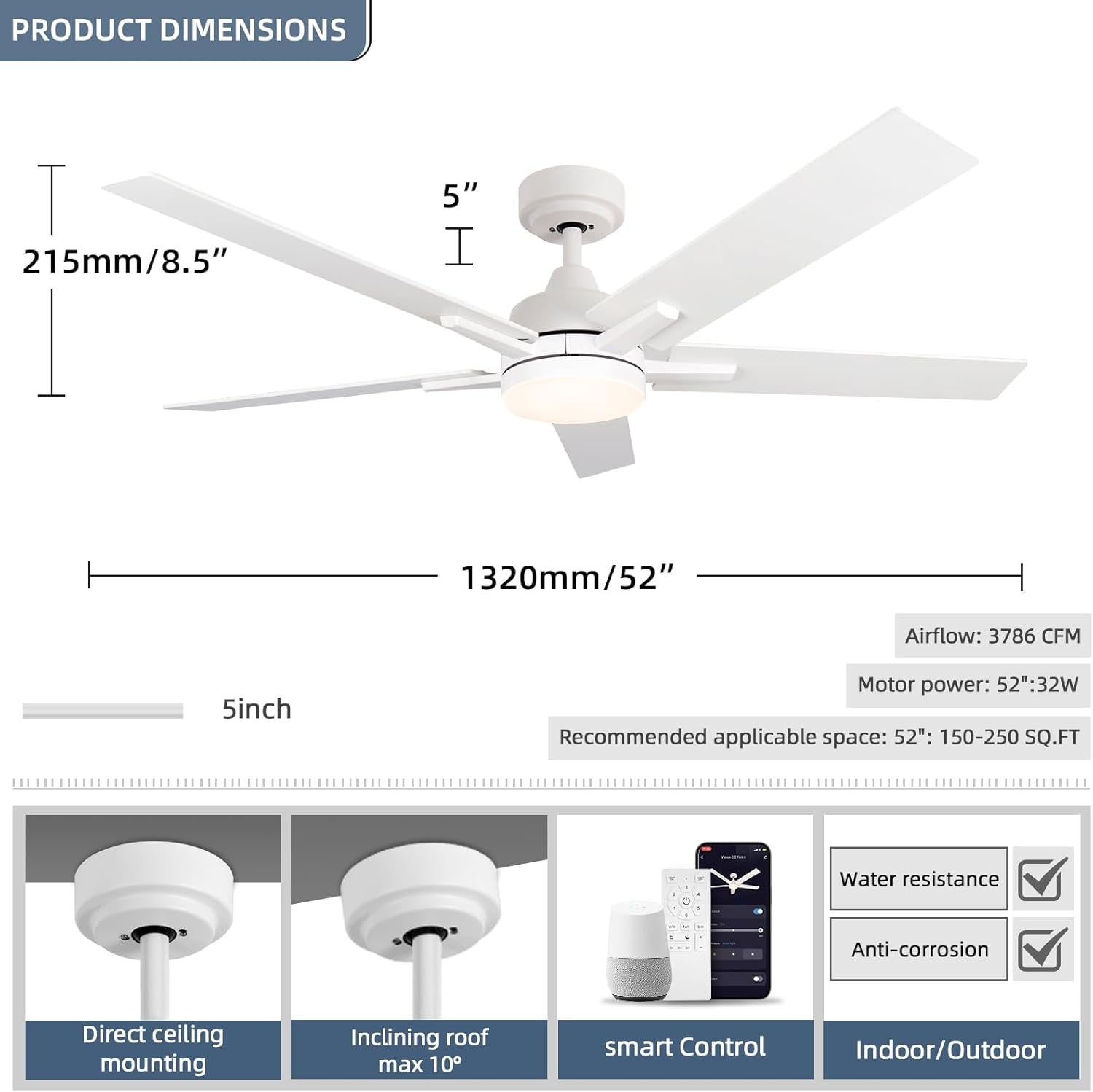 52 Inch Ceiling Fan, Smart Ceiling Fan with Remote/App, White Ceiling Fan with 6-Speeds Reversible Motor, Alexa Ceiling Fan with 5 Two-Sided Blades Dimmable Noiseless for Indoor Bedroom/Outdoor