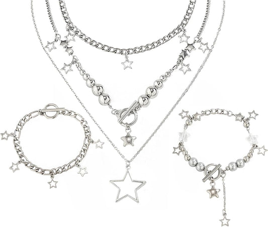 2 Pieces Silver Star Necklace Y2K Jewelry Set Grunge Necklace Kawaii Cute Necklaces Aesthetic Vintage Emo Jewelry
