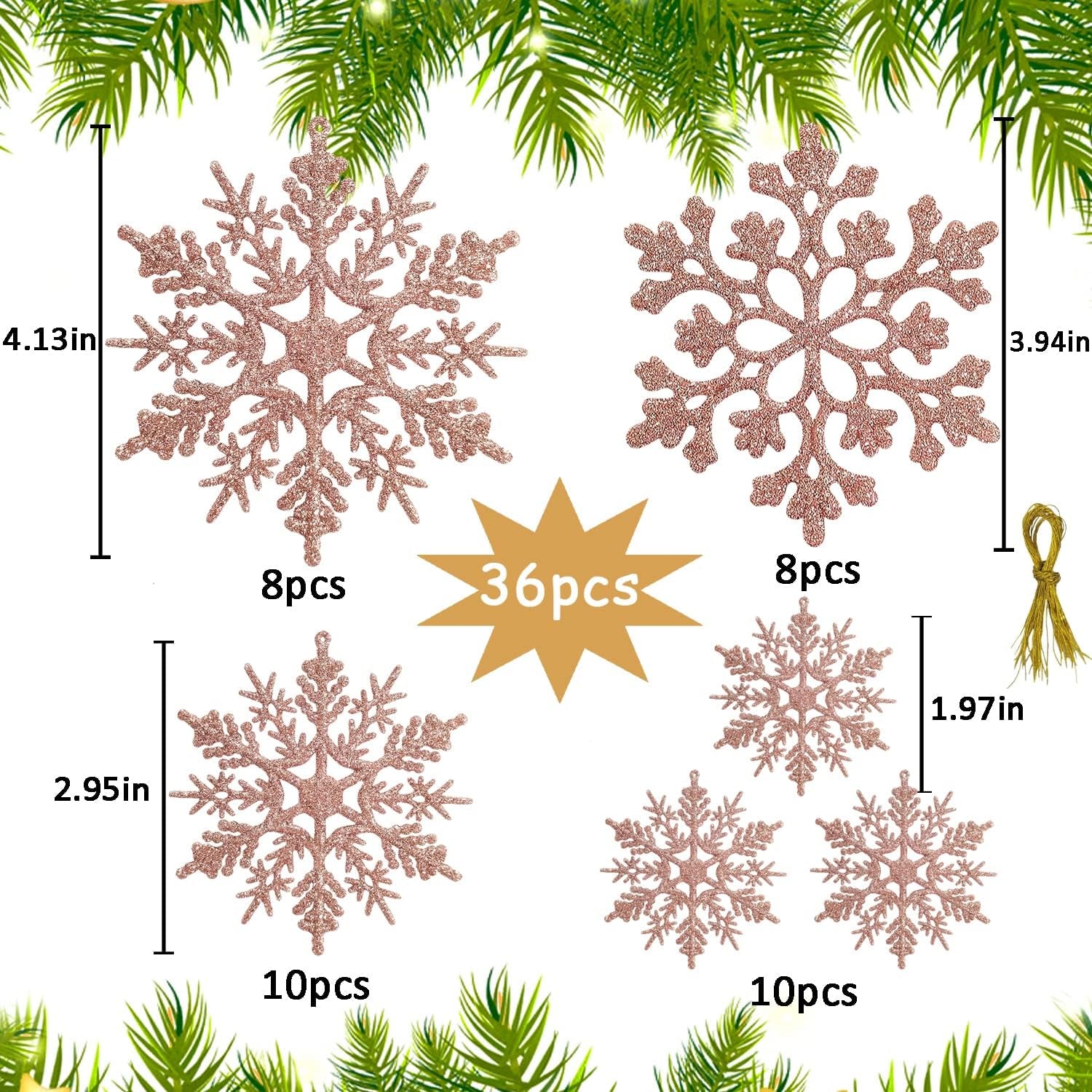 36Pcs Christmas Rose Gold Snowflake Ornaments Plastic Glitter Snow Flakes Ornaments for Winter Christmas Tree Decorations Size Varies Craft Snowflakes