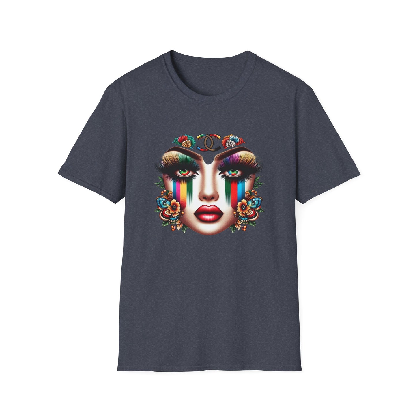 Gucci Inspired Vibrant Art Face Unisex Softstyle T-Shirt - Colorful Floral Design