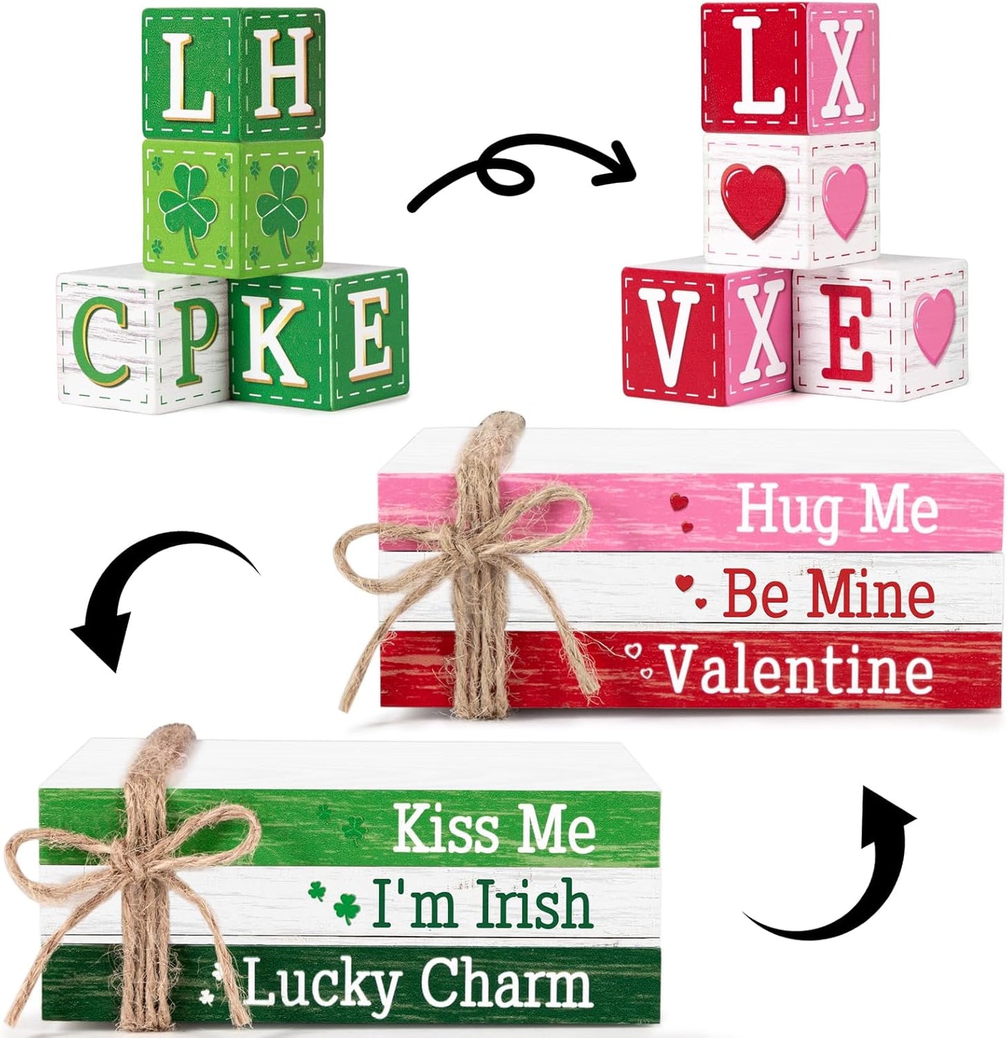 5PCS Valentines Day Decor/St.Patricks Day Decorations Reversible Table Centerpieces Tiered Tray Ornament for Home Party Decor