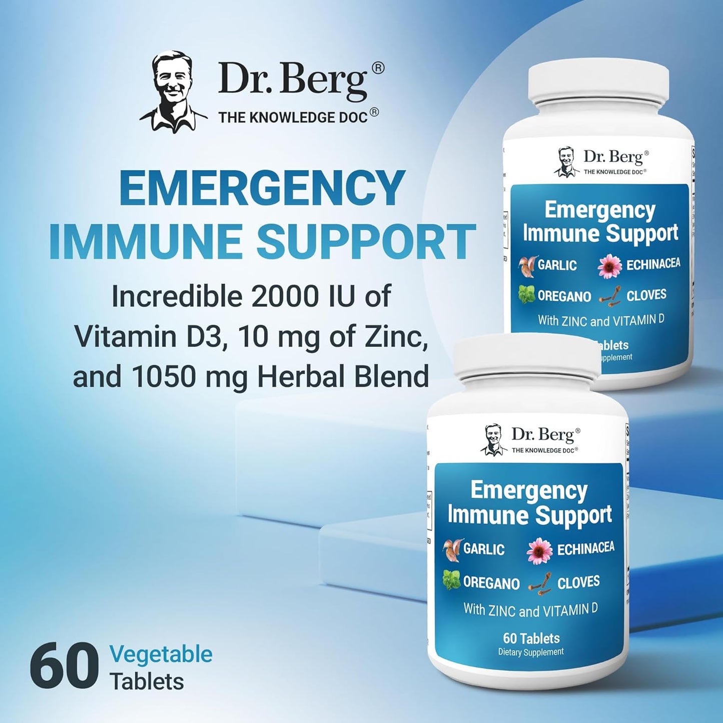 Dr. Berg Emergency Immune Support W/Echinacea - Potent Blend of Herbal Extracts (Warning: Strong Herbal Smells) - Immune Support Supplement Includes 2,000 Ius of Vitamin D & 10Mg of Zinc - 60 Tablets TLBH