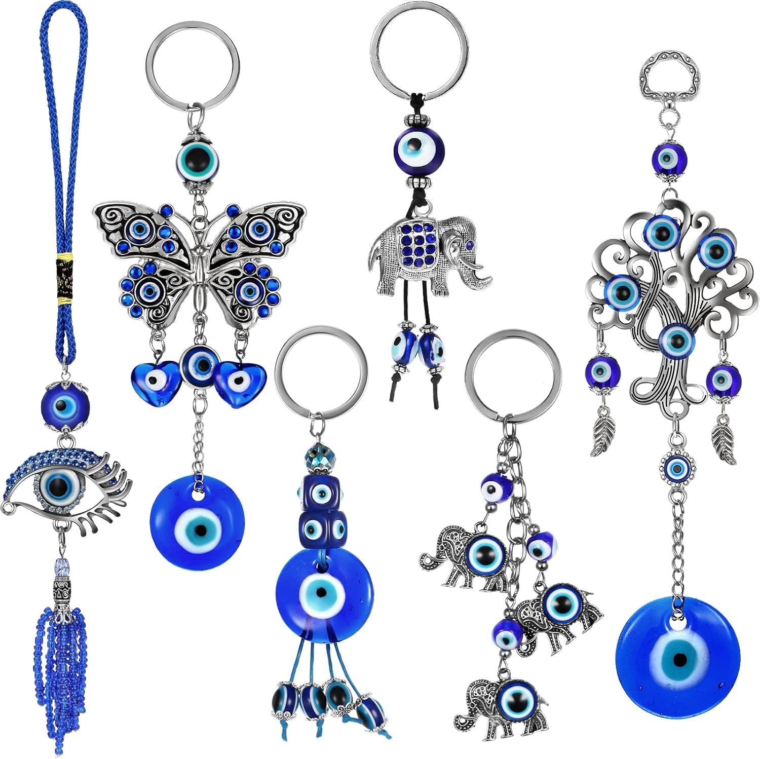 6 Pieces Lucky Evil Eye Car Hanging Ornament Blue Evil Eye with Butterfly Hanging Decoration Turkish Evil Eye with Elephant Amulet Life Tree Amulet Evil Eye Hanging Keychain for Car Home Protection