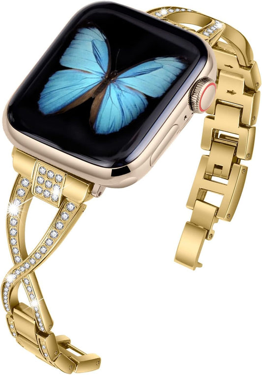 For Apple Watch Band 38Mm 40Mm 41Mm Women Series 9 8 7 6 5 4 SE Iwatch Bands Bling Metal Bracelet Cute Fancy Dressy Strap Gold