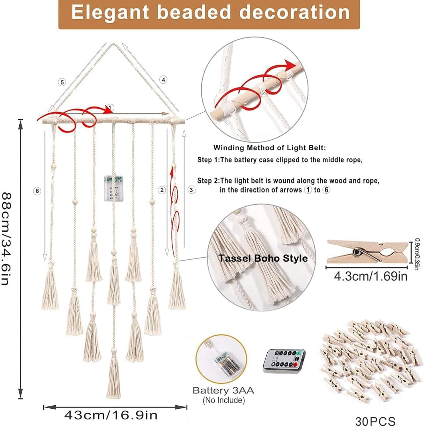 Hanging Photo Display Wall Decor, Macrame Wall Hanging Boho Room Bedroom Decor, Picture Frame Collage Board with Light 30 Clip, Christmas Teenage Teen Girl Gifts Ages 10 11 12 13 14 Years Old