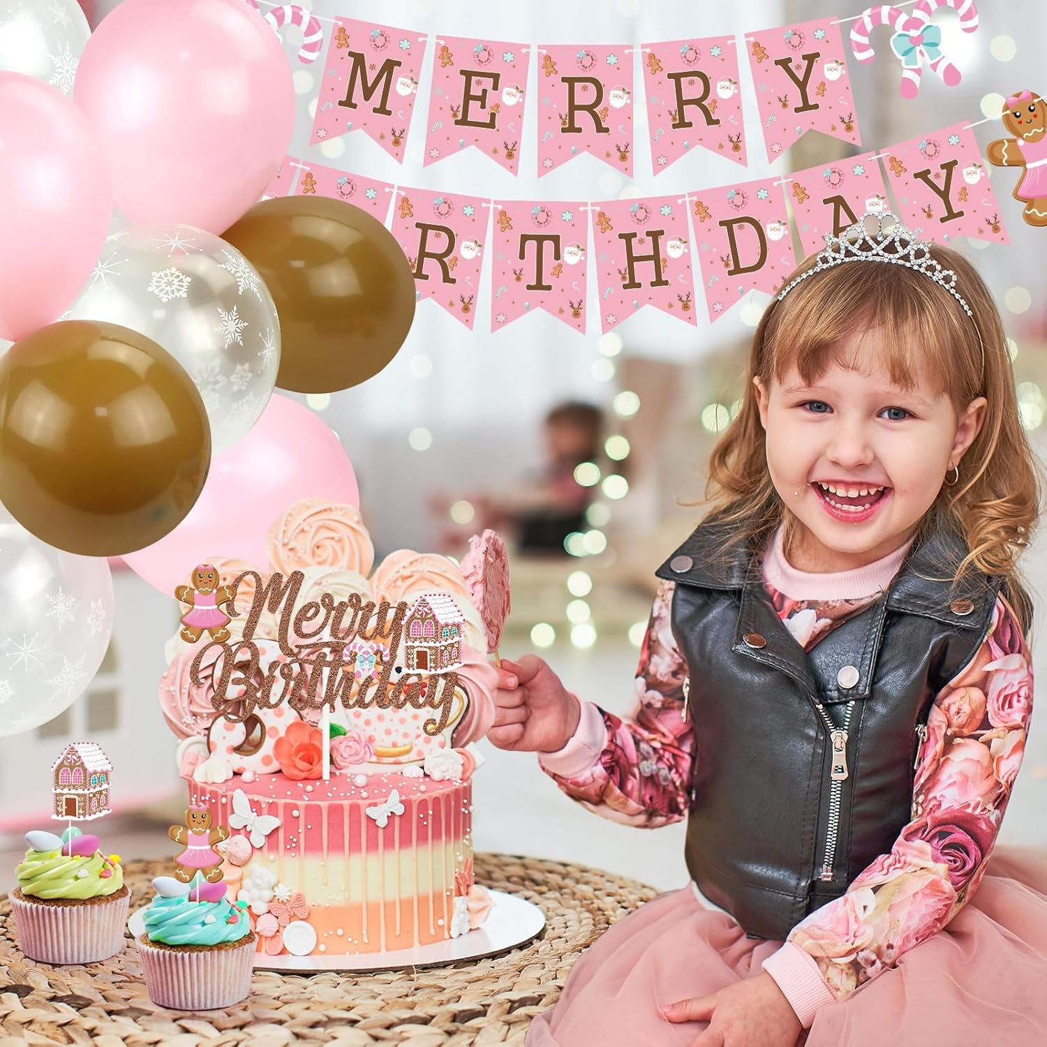 Pink Gingerbread Man Decorations,Christmas Merry Birthday Banner Cute Candy House Cake Topper Latex Balloons for Boys Girls Merry Birthday Birthday Party Supplies Baby Shower