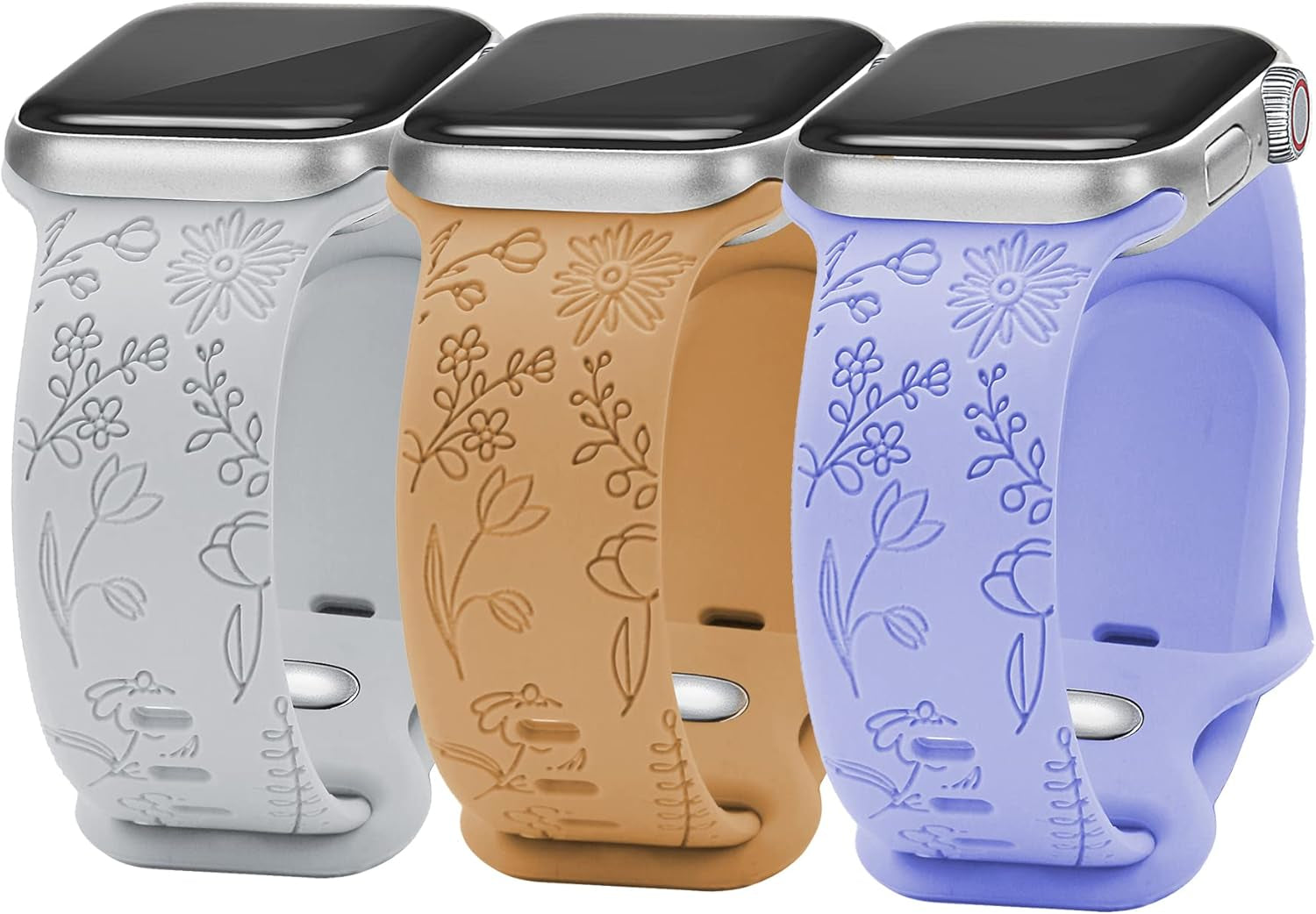 Flower Engraved Bands Compatible with Watch Band 38Mm 40Mm 41Mm 42Mm 44Mm 45Mm Women Men,Sport Strap Replacement Wristbands for Watch Series 7/6/5/4/3/2/1/SE,3 Pack