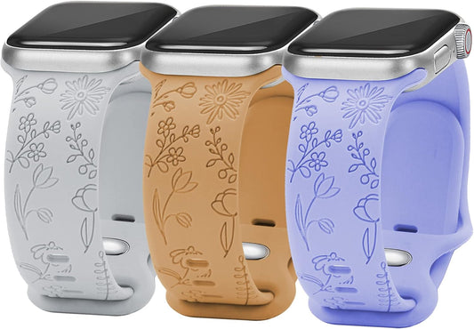Flower Engraved Bands Compatible with Watch Band 38Mm 40Mm 41Mm 42Mm 44Mm 45Mm Women Men,Sport Strap Replacement Wristbands for Watch Series 7/6/5/4/3/2/1/SE,3 Pack