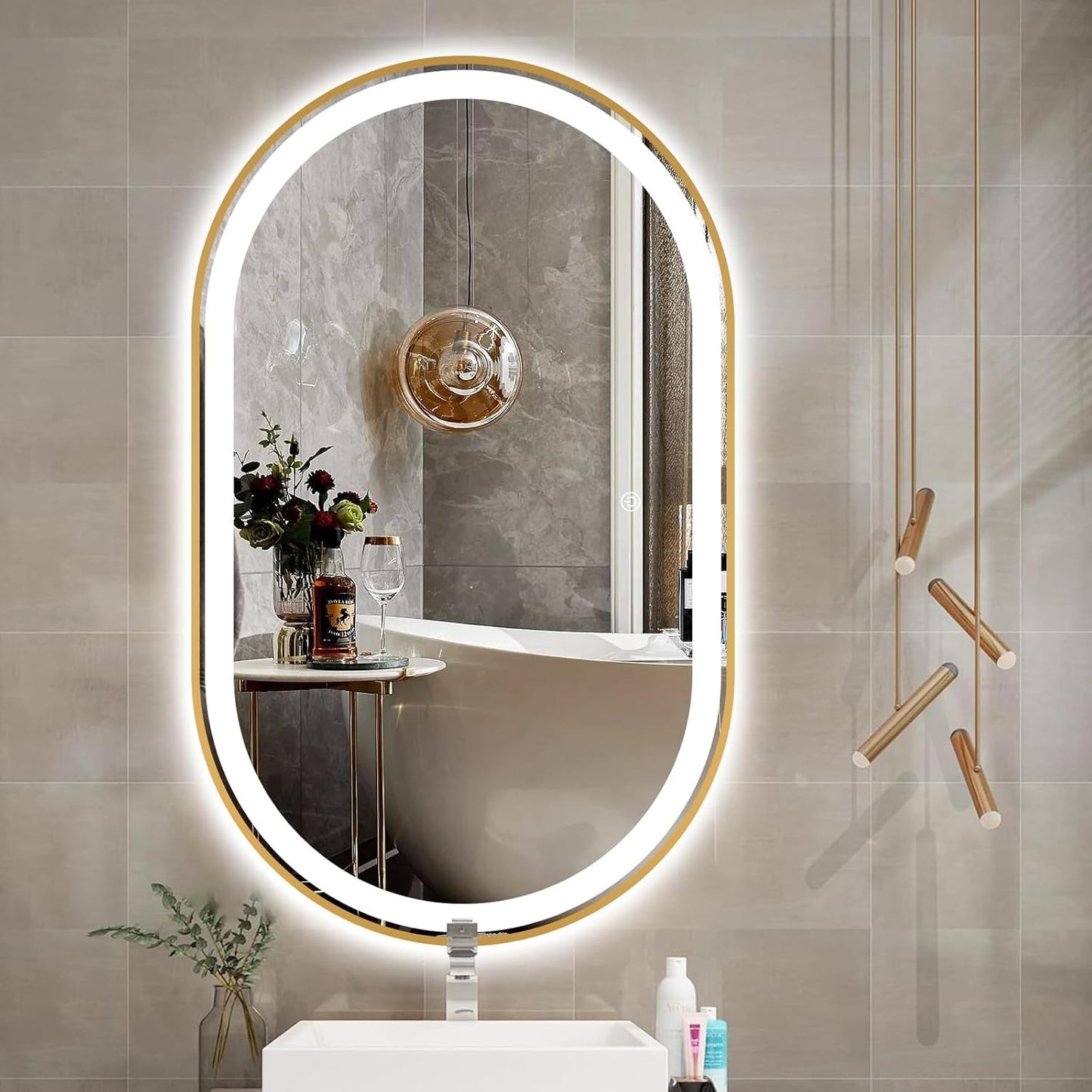 Oval LED Bathroom Mirror, 33"X20" Lighted Wall Mounted Vanity Mirror with Metal Frame, Anti-Fog IP66 Waterproof Smart Mirror, Memory Function, (Horizontal or Vertical), Gold