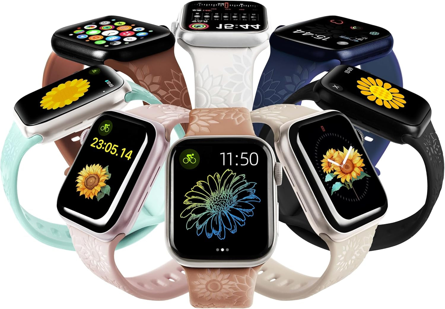 6 Pack Reflective Sunflower Engraved Apple Watch Bands Compatible with 38Mm 40Mm 41Mm 42Mm 44Mm 45Mm 49Mm.Women Men Soft Silicone Waterproof Sport Strap for Iwatch Series 9 8 7 6 5 4 3 SE Ultra 2 1