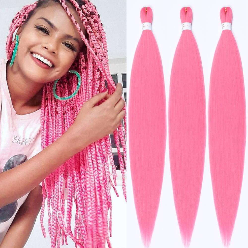 32 Inch Pink Braiding Hair Extensions Pre Stretched Braiding Yaki Braids Hair Hot Water Setting Synthetic Hair Colored Braiding Hair Pre Stretched Crochet Hair(32Inch,3 Packs,Pink#)