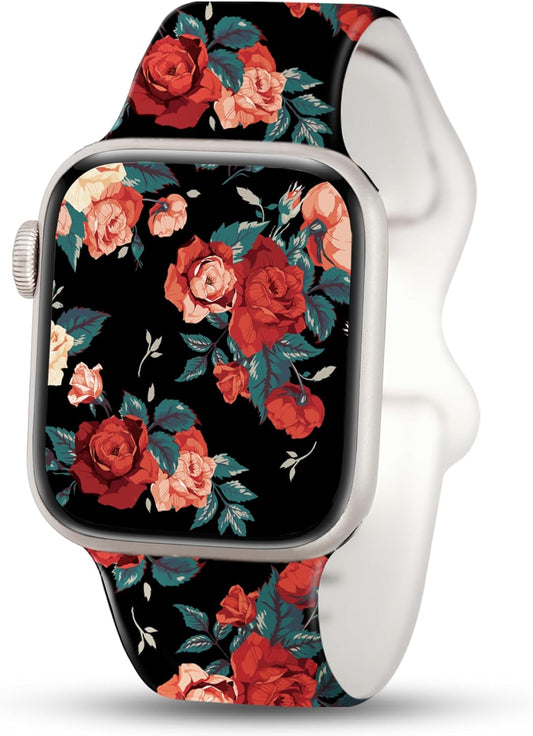 Designer Floral Band Fits 42Mm 44Mm 45Mm 49Mm Apple Watch Bands for Women, Cute Apple Watch Sport Band for Womens, Dressy Bracelet for Iwatch Bands Series 9 Series 8 SE 7 6 5 4 3 2 1-Black