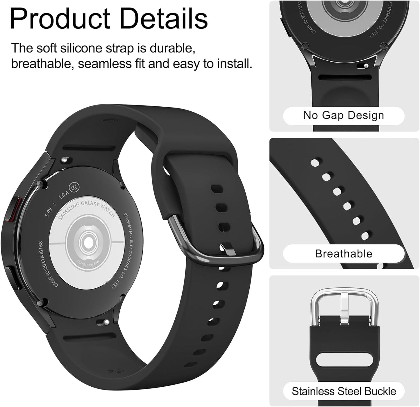 for Samsung Galaxy Watch 6 Band 40Mm 44Mm / Galaxy Watch 6 Classic Bands 43Mm 47Mm, 20Mm Soft Silicone No Gap Sport Band Adjustable Replacement Strap for Galaxy Watch 6 Band Women Men