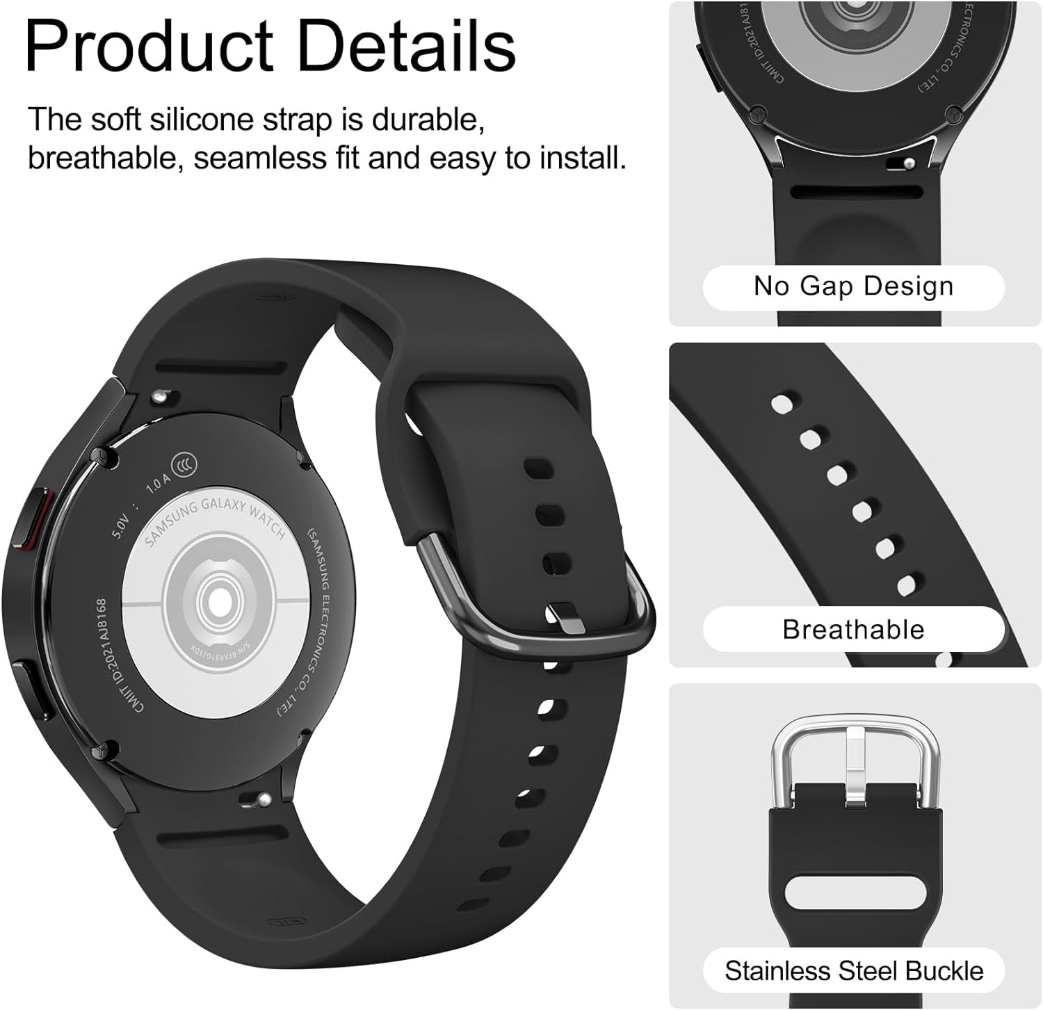 for Samsung Galaxy Watch 6 Band 40Mm 44Mm / Galaxy Watch 6 Classic Bands 43Mm 47Mm, 20Mm Soft Silicone No Gap Sport Band Adjustable Replacement Strap for Galaxy Watch 6 Band Women Men