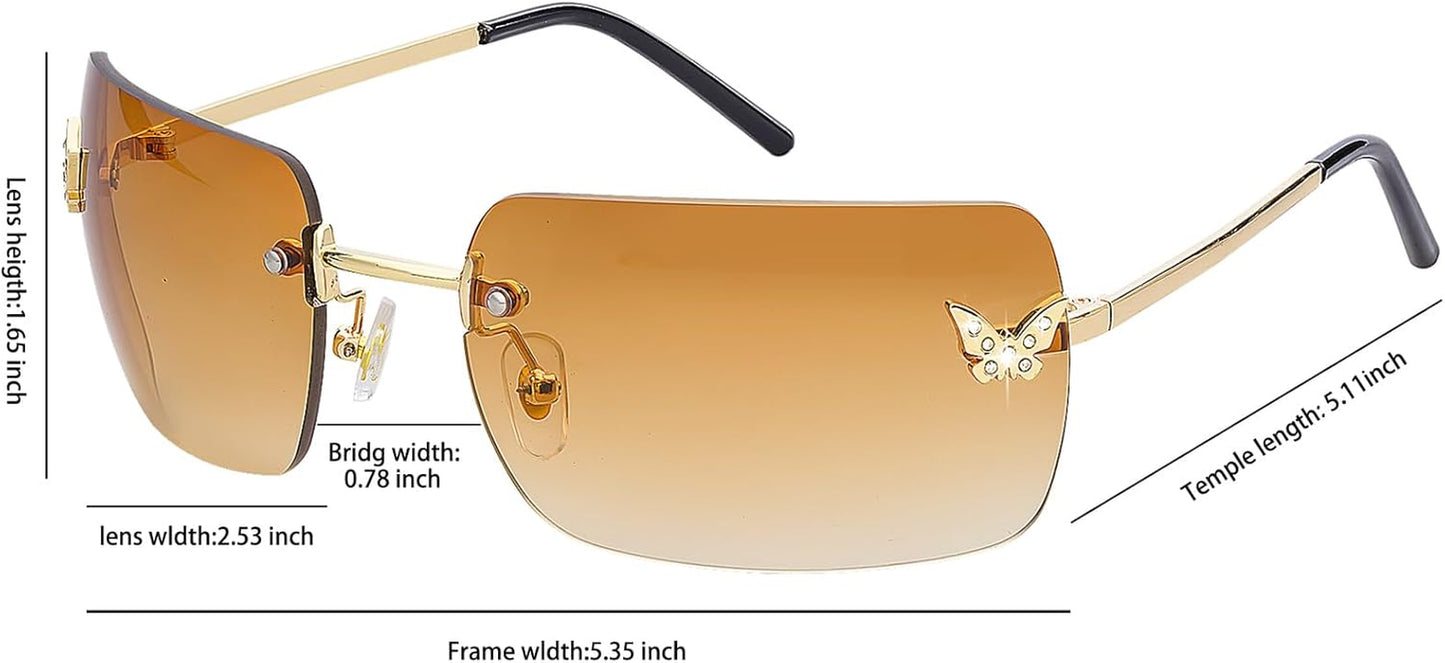 Rimless Rectangle Y2K Sunglasses for Women Men Cute Small Clear Frameless Tinted Lens 2000S Fashion Shades Butterfly
