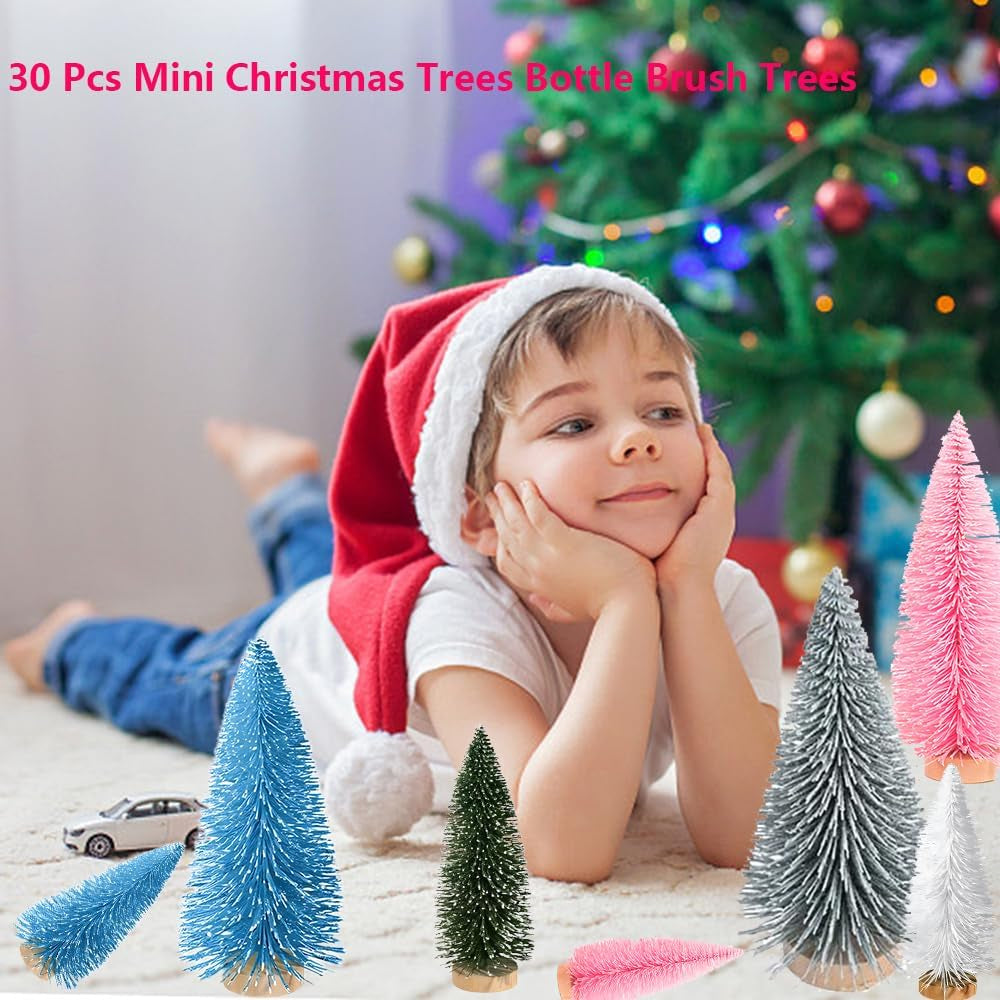 Artificial Mini Christmas Trees, 30 Pcs Sisal Snow Pines in 5 Sizes, Crafting Displaying Decoration, Tabletop Xmas Tree for Home, Party (Pink/White/Green)
